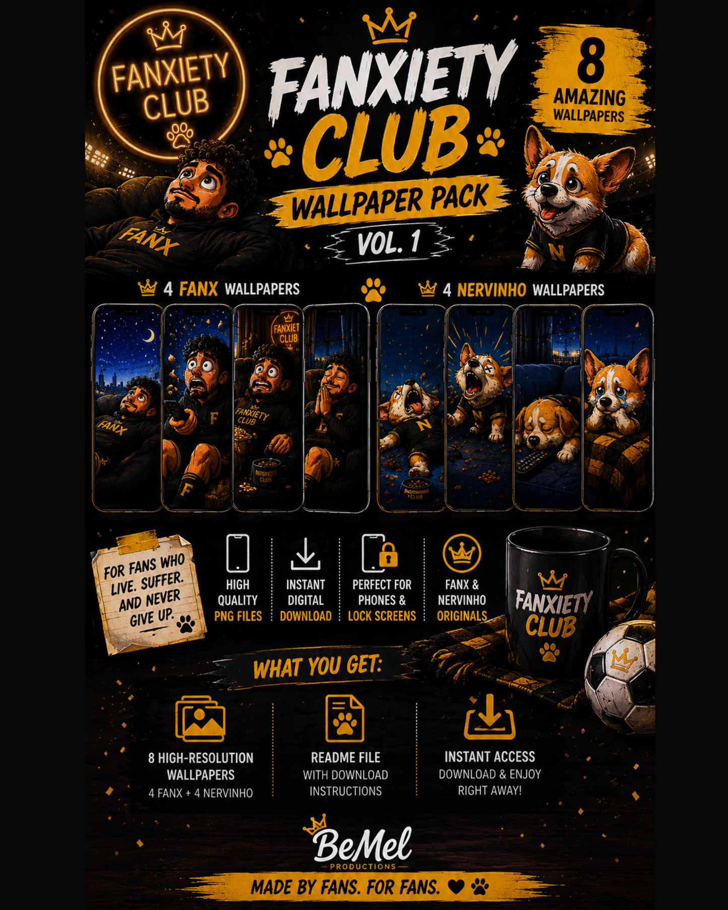 Fanxiety Club Wallpaper Pack Vol. 1 | 8 Soccer Fan Phone Wallpapers | Fanx & Nervinho Digital Download | Funny Football Fan Art | iPhone & Android